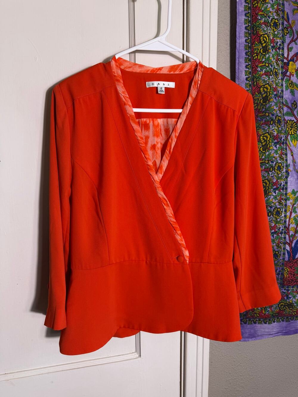 CAbi Orange Peplum Blazer Jacket Wrap Front Abstract Trim - Size 6